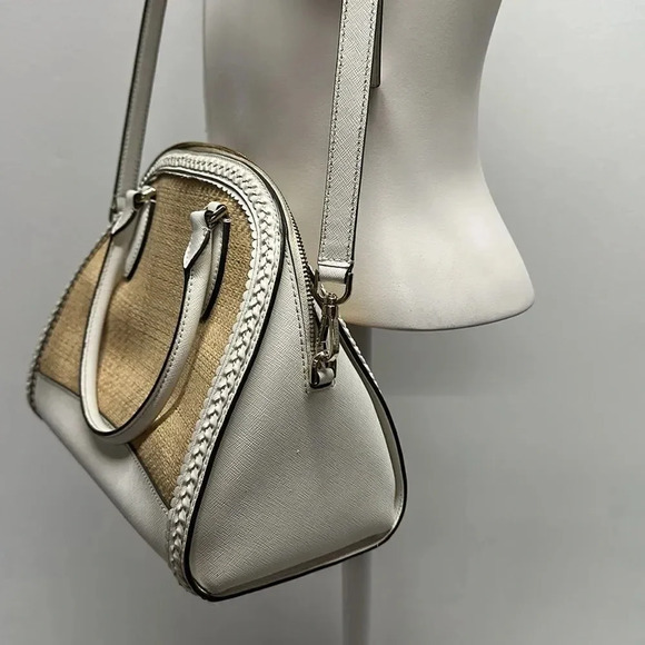 Kate Spade Reiley Dome Satchel Purse Handbag Straw Wicker Leather Trim White - Picture 8 of 14